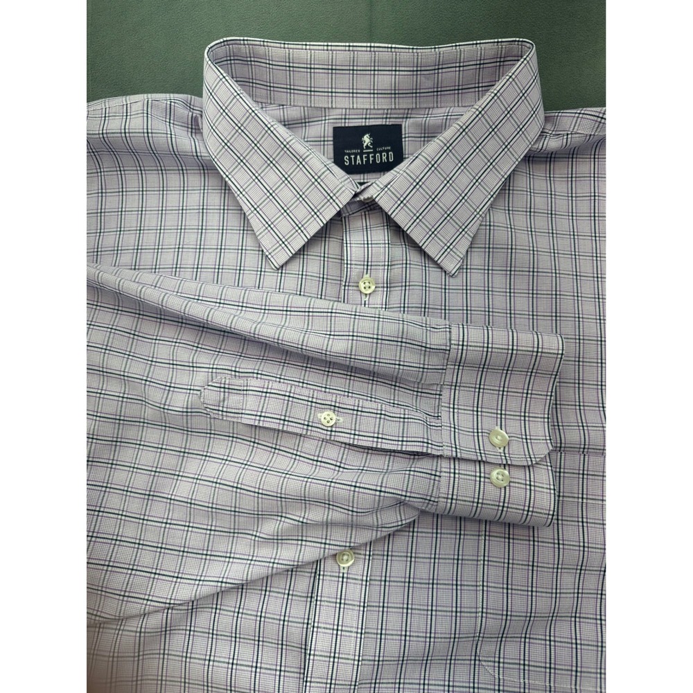 Stafford Mens Lavender Navy Blue Plaid Button Down Dress Shirt Long Sleeve 33L